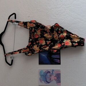 weworewhat black floral swimsuit with gold belt buckle